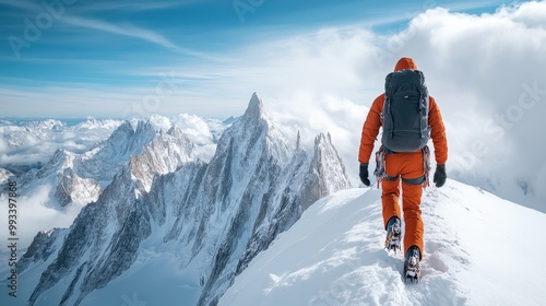 Climber in red jacket trekking through the snowy Alps under bright sunlight