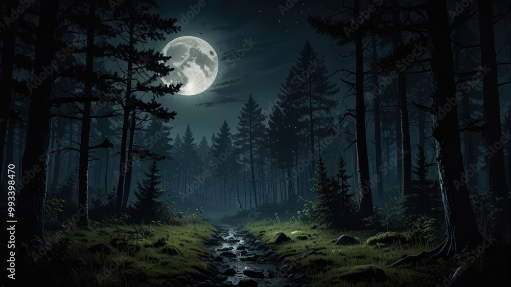 landscape illustration of a middle of the forest amosphere in the night view full moon with mist and trees landscape illustration of a middle of the forest amosphere in the night view full moon with mist and trees