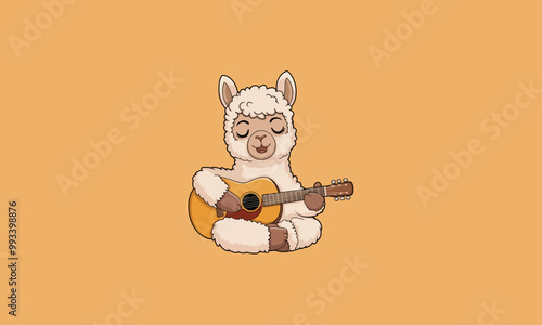 Adorable alpaca playing an acoustic guitar while sitting.