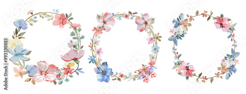 Pastel-colored flowers oval floral frame vector illustration set, spring-themed frame adorned with soft blooms, delicate floral wreath vector design, pastel floral border decoration, spring flower