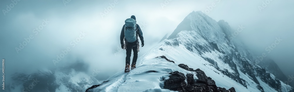 Climber in red jacket trekking through the snowy Alps under bright sunlight Climber in red jacket trekking through the snowy Alps under bright sunlight