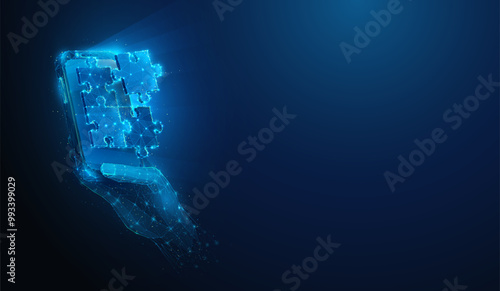 Abstract illustration of smartphone in hand solving puzzle in low poly style. Blue geometric background depicting problem solving and business teamwork concept by wireframe connection structure