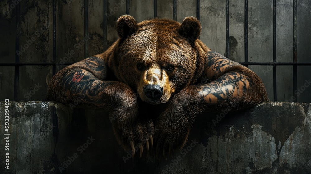 Naklejka premium A brown bear with tattoos on its arms resting its head on a concrete ledge, looking out through a barred window.