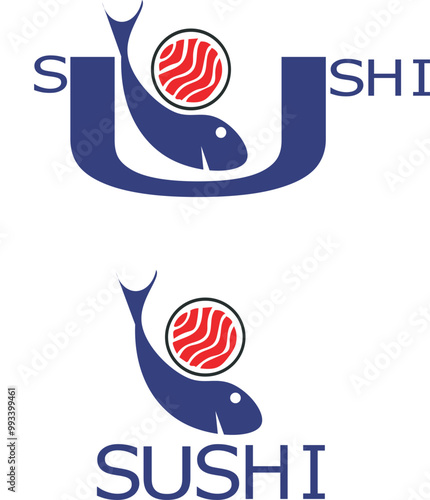 sushi food logo with a piece of tuna for restaurant decoration and band name with two models