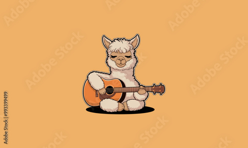 Adorable alpaca playing an acoustic guitar while sitting.