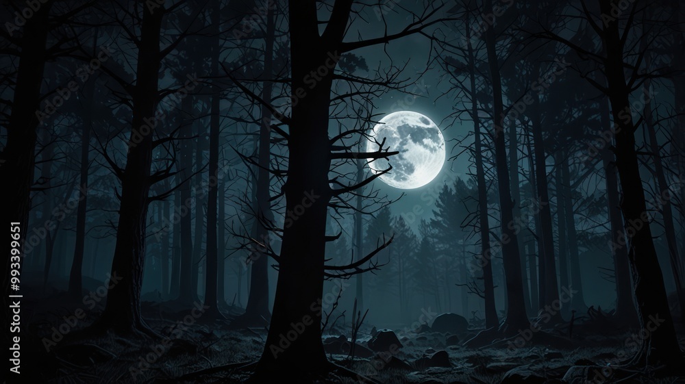 Fototapeta premium landscape illustration of a middle of the forest amosphere in the night view full moon with mist and trees
