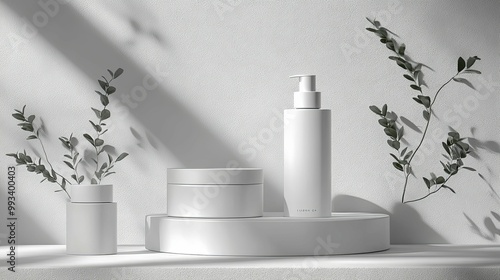 Wallpaper Mural White Cosmetic Products Displayed on a Circular Platform with Greenery Torontodigital.ca