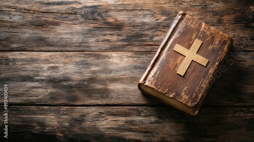 Worn, old book with cross on cover rests wooden surface