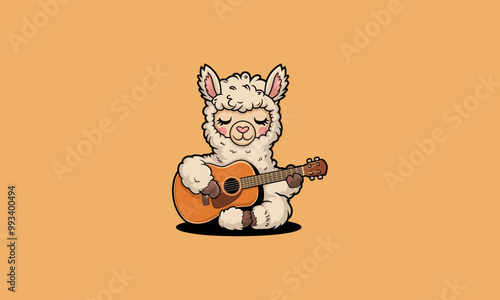 Adorable alpaca playing an acoustic guitar while sitting.