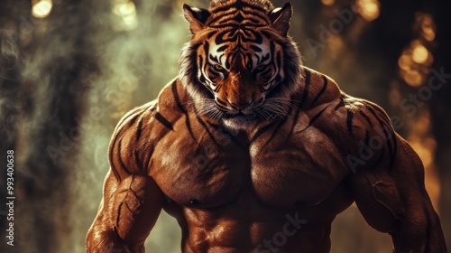 Muscular tiger with orange and black stripes, in a dark, smoky environment, close-up. photo