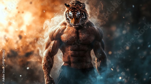 A muscular man with a tiger head stands in a smokey background.