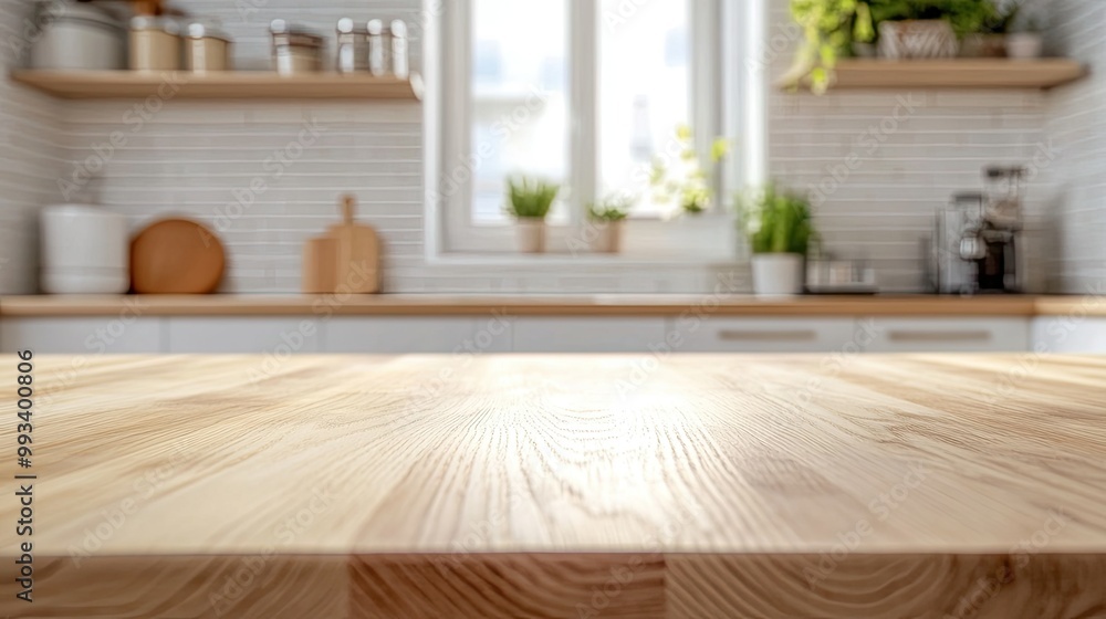 Close-up of wood countertop on a blurred white kitchen interior with soft bokeh. A perfect backdrop for product displays or dining setups in a modern home. Close-up of wood countertop on a blurred white kitchen interior with soft bokeh. A perfect backdrop for product displays or dining setups in a modern home.