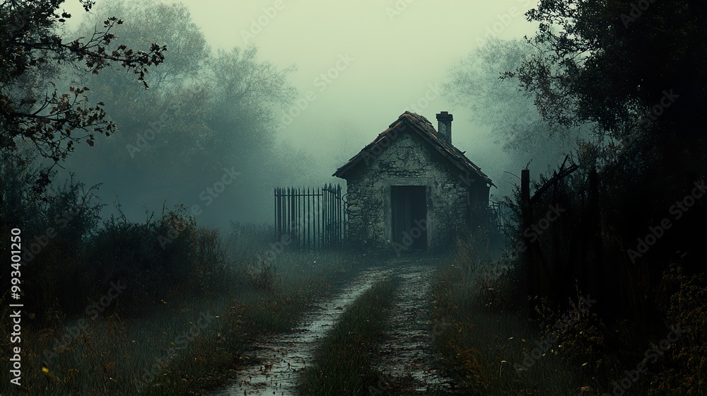 Mysterious Stone House in a Foggy Forest Mysterious Stone House in a Foggy Forest