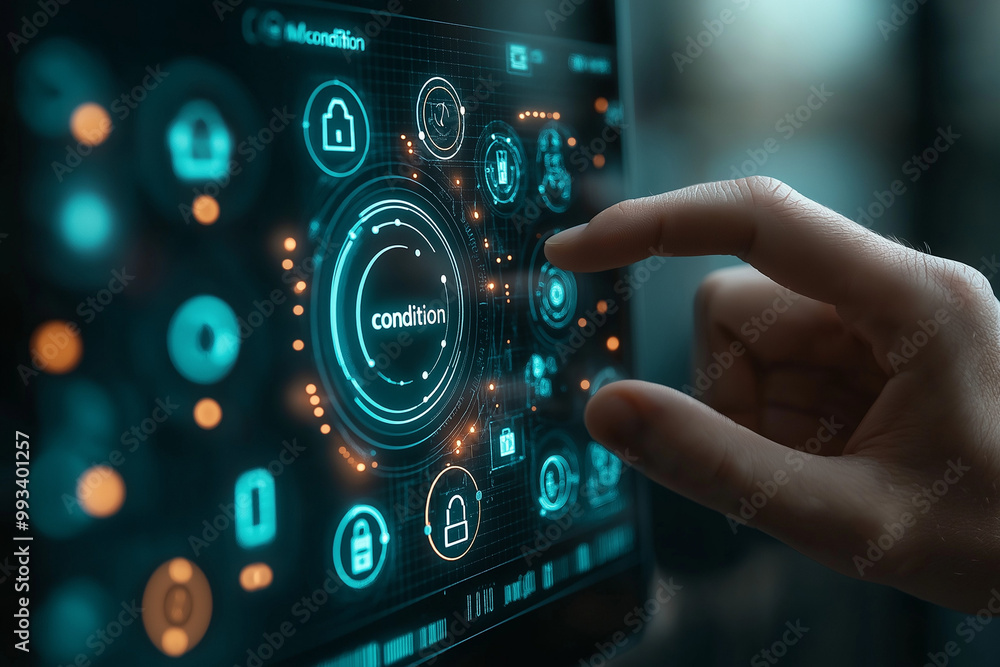 A hand is touching a screen with glowing icons and a A hand is touching a screen with glowing icons and a