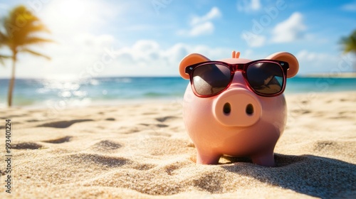 Pink piggy bank with sunglasses on a sandy beach.