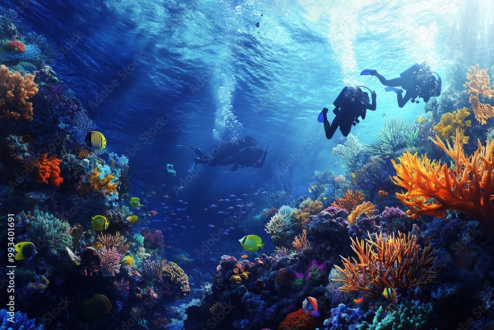 Fototapeta premium Breathtaking underwater exploration shows vibrant coral reefs and divers. A colorful marine paradise awaits discovery. Dive into the beauty of the ocean. Generative AI