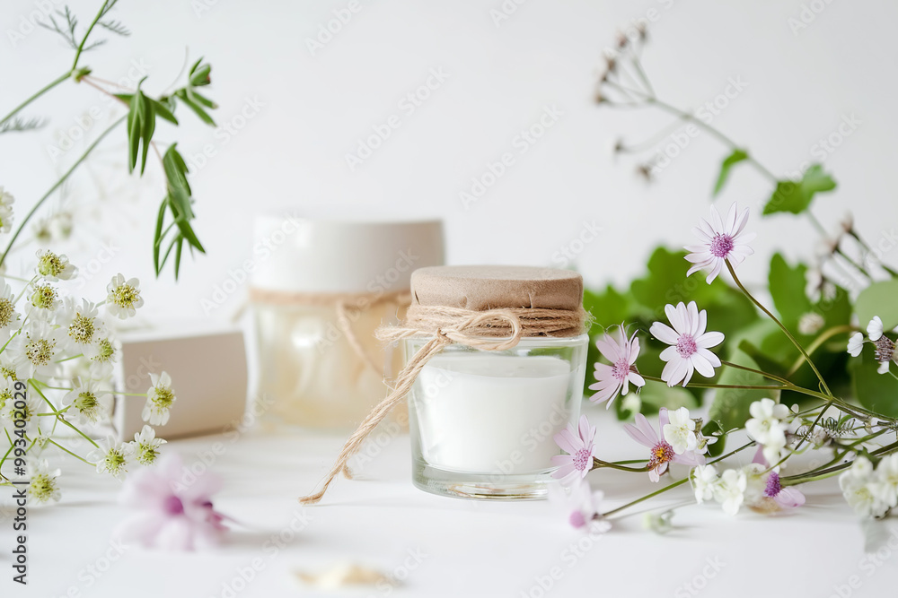 beige and white cosmetic vase and cream jars on a wooden table, product design, blurred background beige and white cosmetic vase and cream jars on a wooden table, product design, blurred background