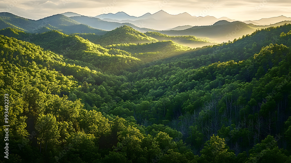 A lush forest with towering trees fills the valley, surrounded by majestic mountains in the distance A lush forest with towering trees fills the valley, surrounded by majestic mountains in the distance