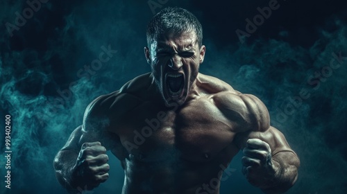 Muscular man with a determined expression, fists clenched, stands against a dark background with swirling blue smoke.