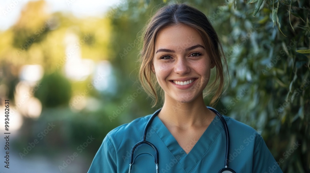 A young woman with a stethoscope around her neck, wearing a blue scrubs, smiles at the camera. A young woman with a stethoscope around her neck, wearing a blue scrubs, smiles at the camera.
