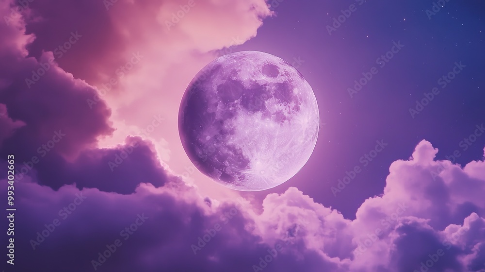 A stunning large full moon dominates the night sky, set against a vibrant backdrop of purple and pink clouds. A stunning large full moon dominates the night sky, set against a vibrant backdrop of purple and pink clouds.