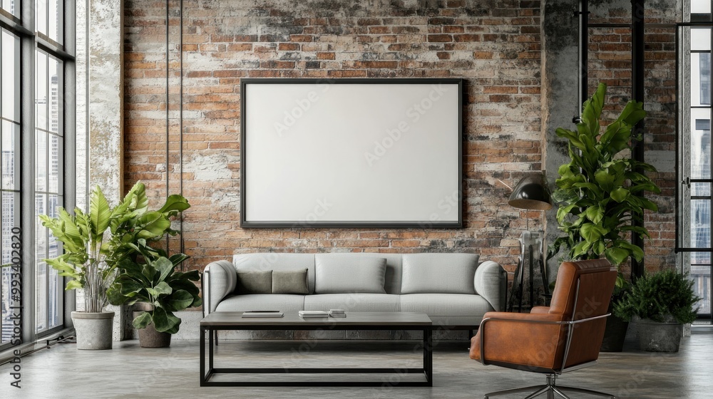A modern living room interior with a large blank canvas on the brick wall. A modern living room interior with a large blank canvas on the brick wall.