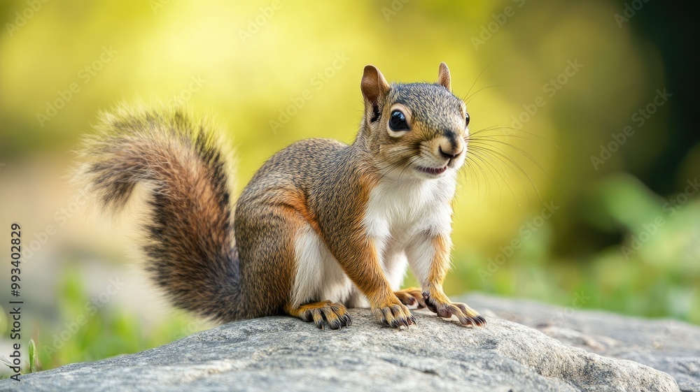 Squirrel sitting on rock with blurred green background Squirrel sitting on rock with blurred green background