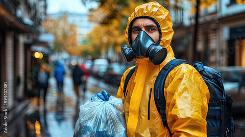 A person dressed in bright yellow rain attire carries a garbage bag along a wet street lined with colorful autumn trees