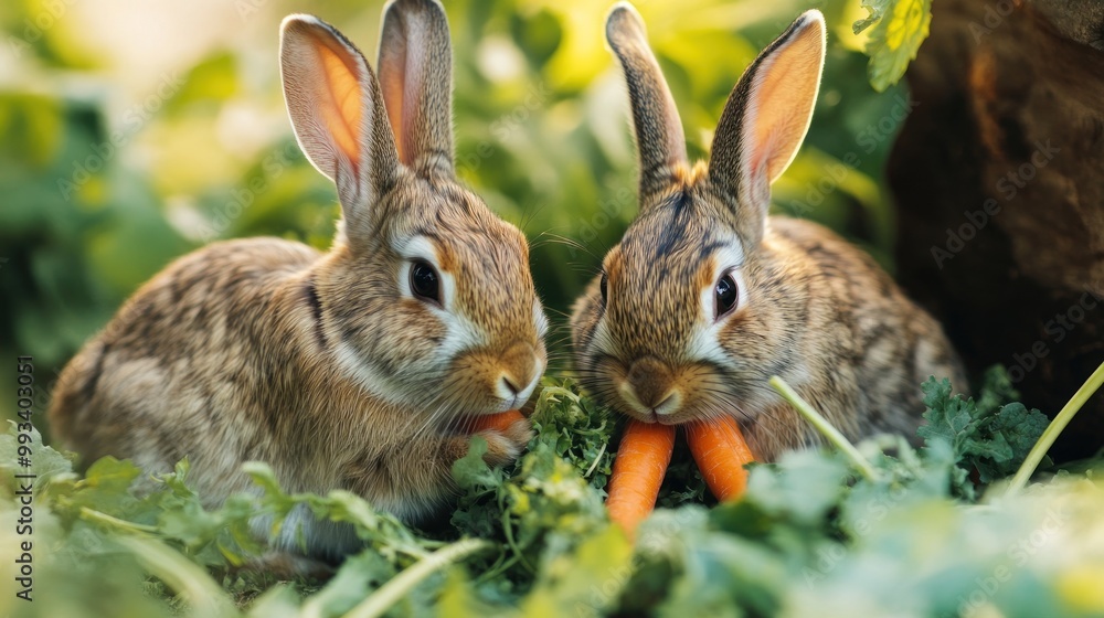 Two cute bunnies eating carrots in green grass. Two cute bunnies eating carrots in green grass.