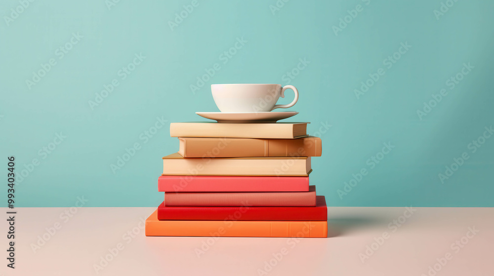 Colorful Stack of Books with Tea Cup on Table Colorful Stack of Books with Tea Cup on Table