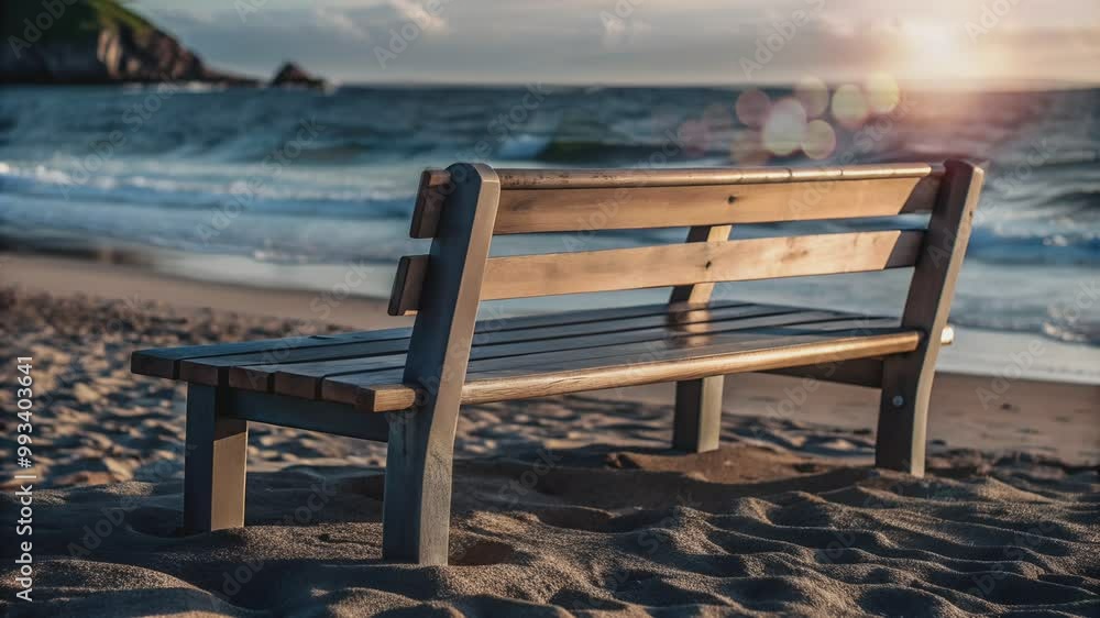 A Wooden Bench Faces the Ocean at Sunset A Wooden Bench Faces the Ocean at Sunset