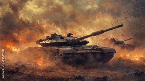 A tank drives through a fiery landscape, smoke and debris billowing around it.