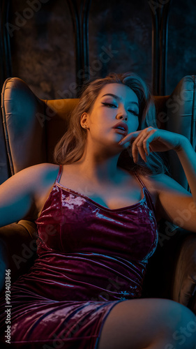 Woman in velvet dress reclining in armchair, dramatic lighting, dark background. Concept of relaxation and elegance.