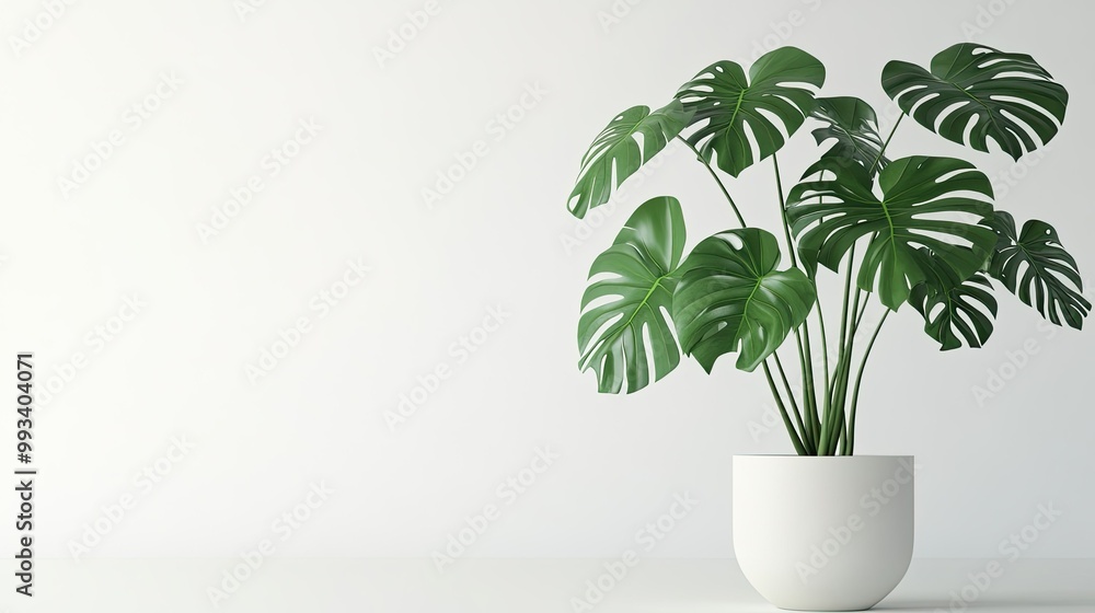 Elegant Monstera deliciosa plant in a white pot, isolated on a plain white background. The deep green, fenestrated leaves create a tropical, minimalist aesthetic. Elegant Monstera deliciosa plant in a white pot, isolated on a plain white background. The deep green, fenestrated leaves create a tropical, minimalist aesthetic.
