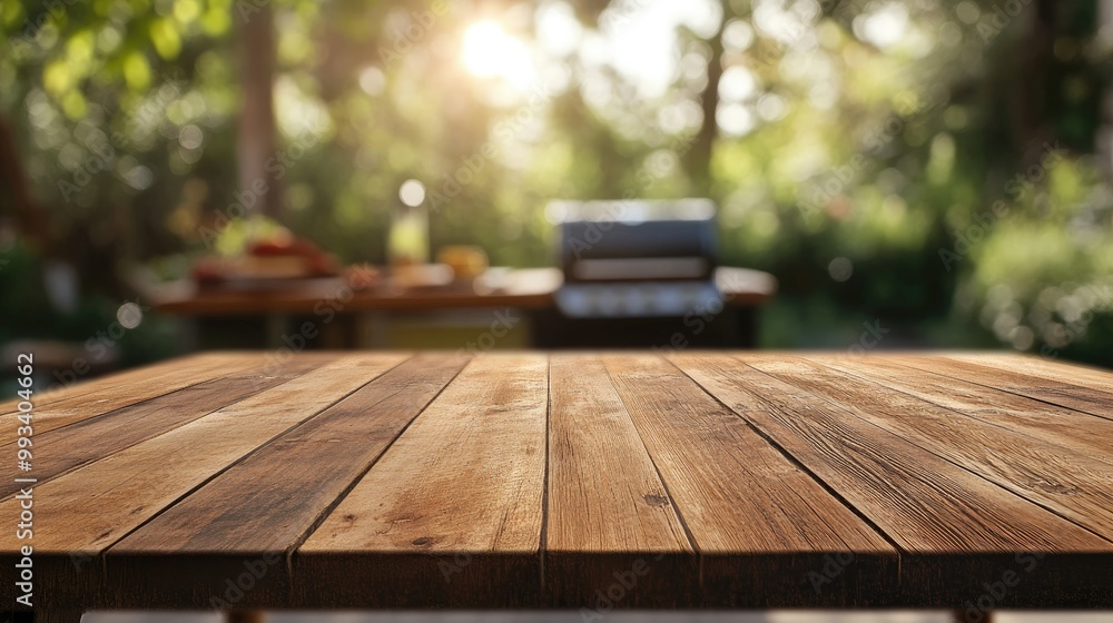 Empty wood table in focus with a defocused BBQ area in the background, capturing the perfect outdoor cooking space for summer events. Empty wood table in focus with a defocused BBQ area in the background, capturing the perfect outdoor cooking space for summer events.