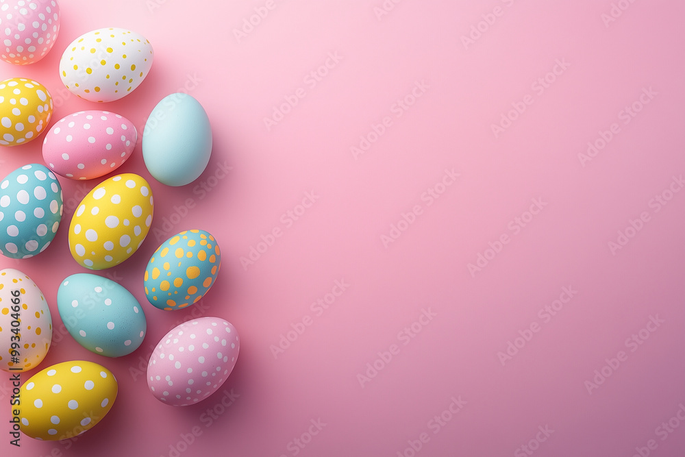 Easter eggs, background, blue, yellow and pink tones, colorful, happy decoration, top view. Easter eggs, background, blue, yellow and pink tones, colorful, happy decoration, top view.