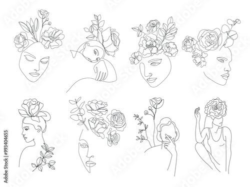 Vector set of woman face art, continuous line feminine illustrations with flowers. Beauty girl portrait sketches, linear hand drawn silhouettes.