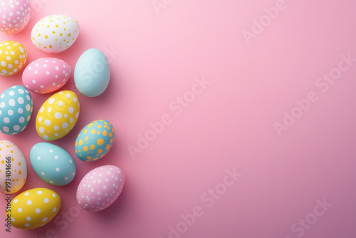 Easter eggs, background, blue, yellow and pink tones, colorful, happy decoration, top view.