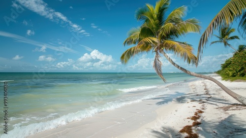 Wallpaper Mural Quiet beach with soft white sand, gentle waves, and a palm tree leaning gracefully over the shore. Torontodigital.ca
