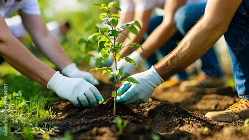 Group of volunteers planting a tree in soil, symbolizing environmental conservation, sustainability, and community-driven reforestation efforts.


