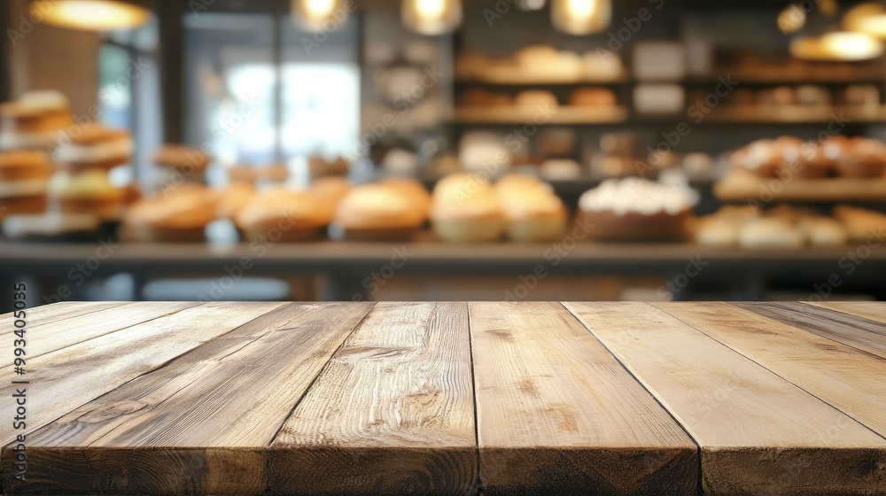 Empty wooden board table in the foreground with a blurred bakery shop in the background. Perfect for showcasing delicious baked goods or bakery-related visuals. Empty wooden board table in the foreground with a blurred bakery shop in the background. Perfect for showcasing delicious baked goods or bakery-related visuals.