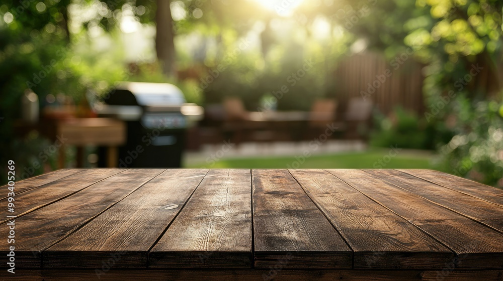 Empty wooden table in the foreground with blurred BBQ area in the background, capturing the anticipation of an outdoor meal or summer cookout. Empty wooden table in the foreground with blurred BBQ area in the background, capturing the anticipation of an outdoor meal or summer cookout.