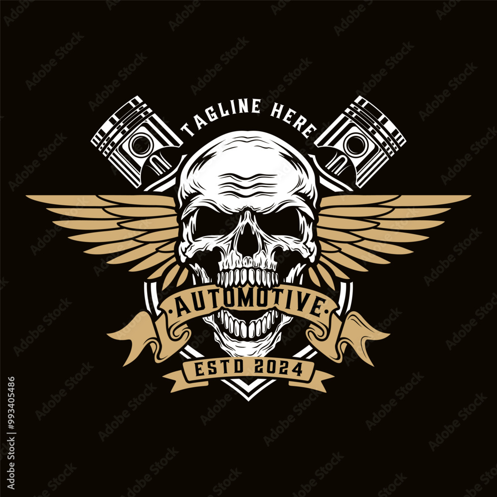 workshop logo, wrench piston gear engine skull ribbon decoration vintage style for car or motorcycle workshop. workshop logo, wrench piston gear engine skull ribbon decoration vintage style for car or motorcycle workshop.