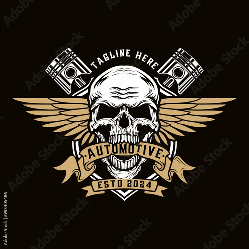 workshop logo, wrench piston gear engine skull ribbon decoration vintage style for car or motorcycle workshop.
