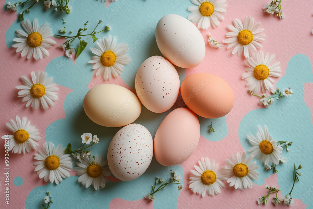 Easter eggs, flowers, background, blue and pink tones, colorful, happy decoration, top view. Easter eggs, flowers, background, blue and pink tones, colorful, happy decoration, top view.