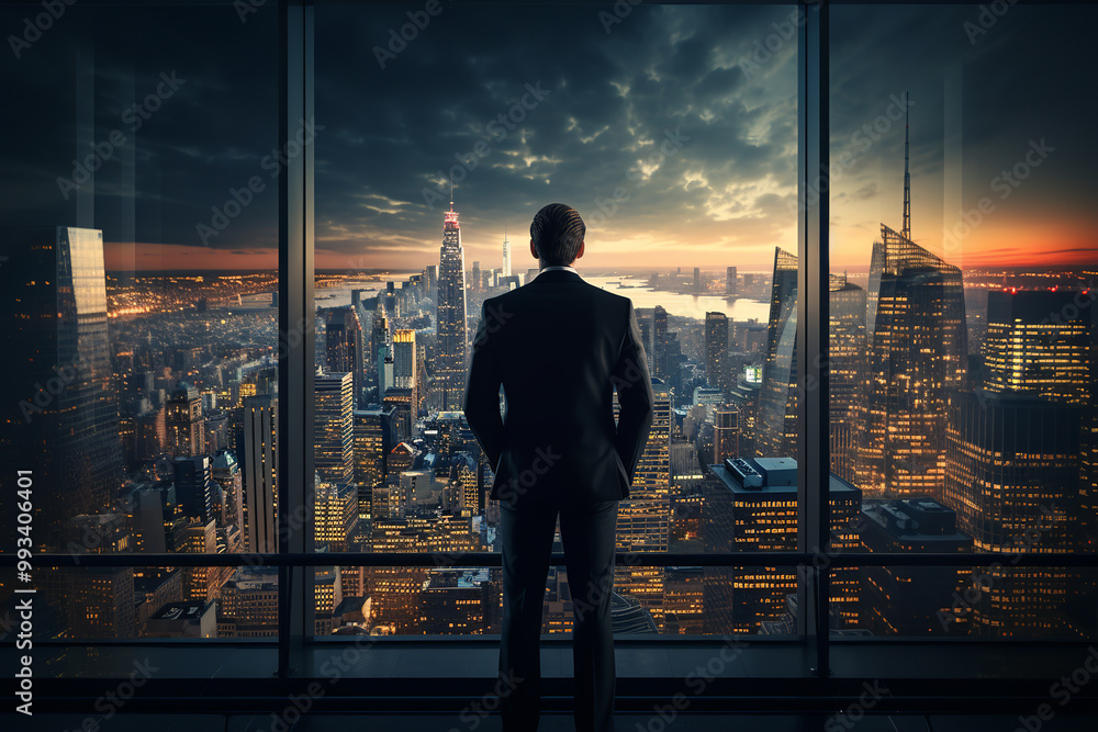 Business man in suit in office looking at modern city with skyscrapers through panoramic window Business man in suit in office looking at modern city with skyscrapers through panoramic window