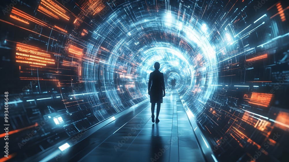 Silhouette of a Woman Walking Through a Futuristic Digital Tunnel Silhouette of a Woman Walking Through a Futuristic Digital Tunnel