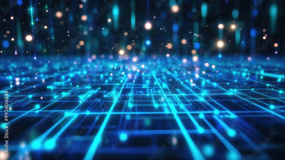 Futuristic data connection grid with glowing blue and green lines. 3D vector of a cyber reactor power system driving AI and big data innovation Futuristic data connection grid with glowing blue and green lines. 3D vector of a cyber reactor power system driving AI and big data innovation