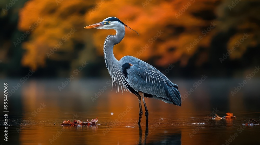 a majestic grey heron stands poised on a tranquil lake its elegant reflection captured amidst autumn foliage showcasing the serene beauty of nature and the delicate balance of the season a majestic grey heron stands poised on a tranquil lake its elegant reflection captured amidst autumn foliage showcasing the serene beauty of nature and the delicate balance of the season