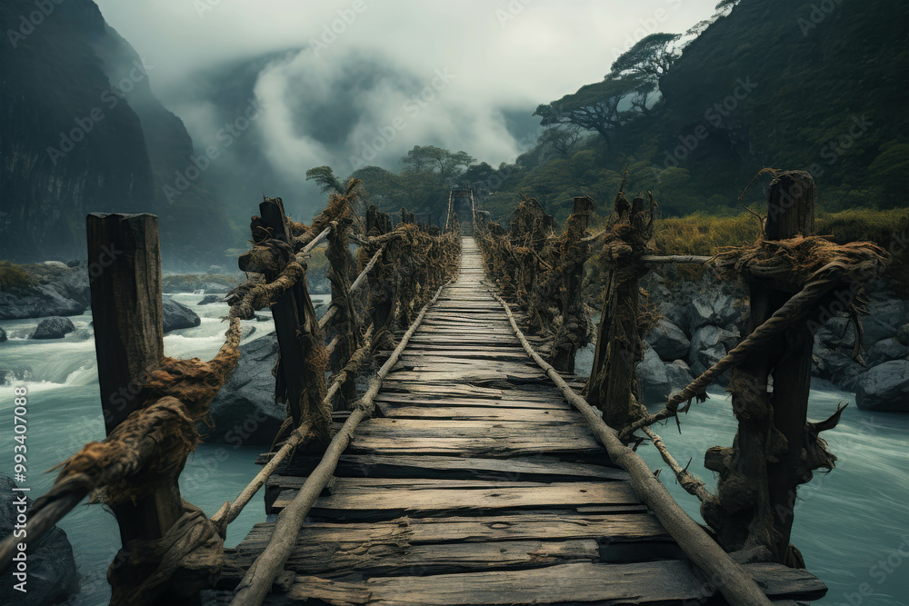 Obraz premium Serene Bridge Over a Misty River Landscape